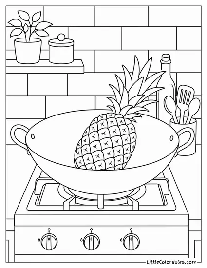 A Pineapple Resting Inside a Large Wok on a Kitchen Stovetop Coloring Page