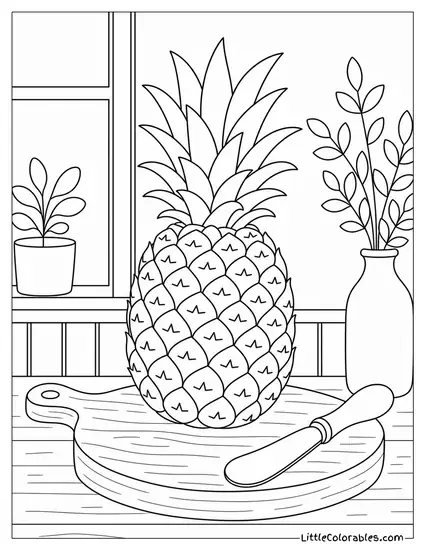 A Pineapple Resting on a Small Wooden Cheese Board With a Spoon Coloring Page