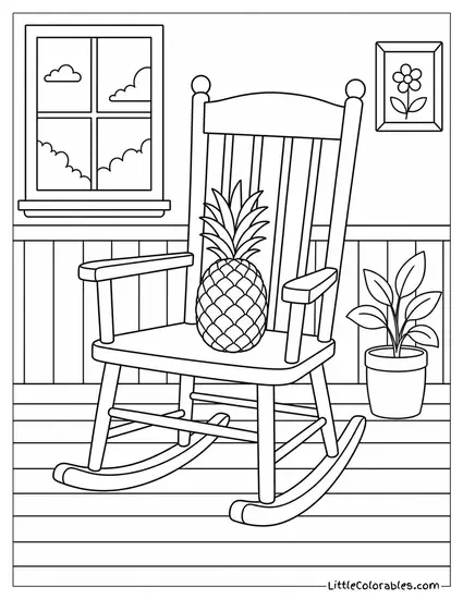 A Pineapple Sitting on the Seat of a Plain Wooden Rocking Chair Coloring Page