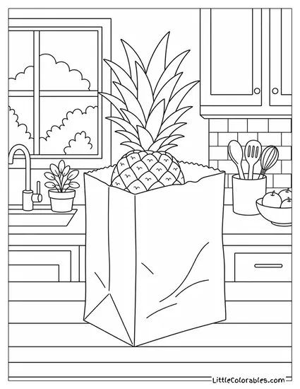 A Pineapple Tucked Inside a Large Brown Paper Grocery Bag With Leaves Coloring Page