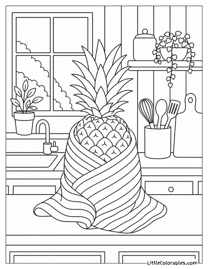 A Pineapple Wrapped in a Striped Kitchen Towel Sitting on a Counter Coloring Page