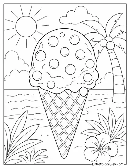 A Pink Bubblegum Scoop With Gumball Pieces on a Sugar Cone Coloring Page