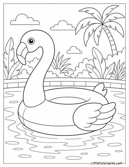 A Pool Float Shaped Like a Giant Flamingo on Still Water Coloring Page