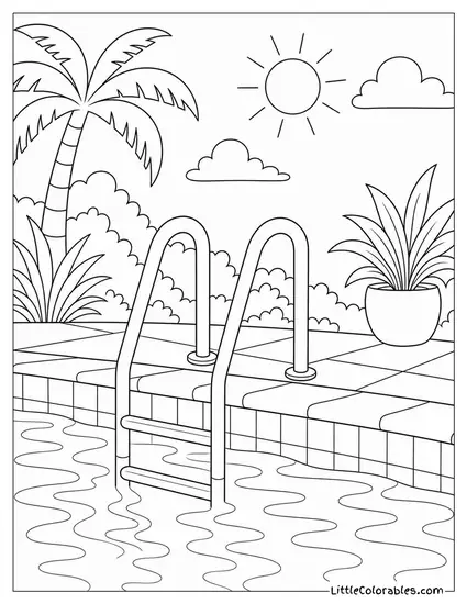 A Pool Ladder at the Edge of a Glassy Blue Pool Coloring Page