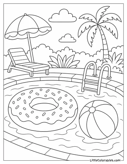 A Pool Scene With a Donut Float and Beach Ball Coloring Page