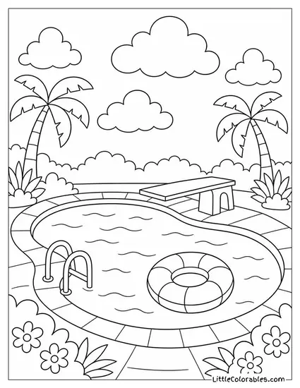A Pool With a Floatie a Diving Board and Summer Clouds Coloring Page