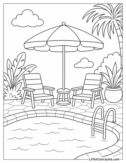 A Poolside Scene With Two Chairs and a White Umbrella Coloring Page