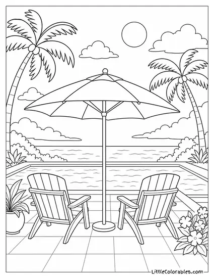 A Poolside Umbrella and Two Empty Chairs Facing the Ocean Coloring Page