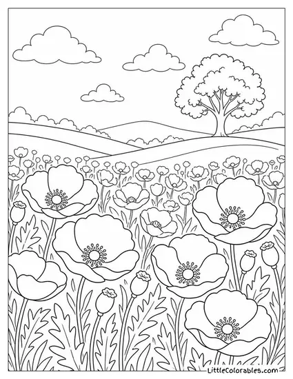 A Poppy Field with a Single Tree in the Distance Coloring Page