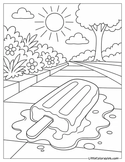 A Popsicle Melting Dramatically on a Hot Sunny Sidewalk Coloring Page