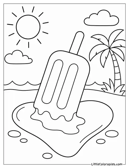 A Popsicle Melting Into a Puddle Shaped Like a Heart Coloring Page