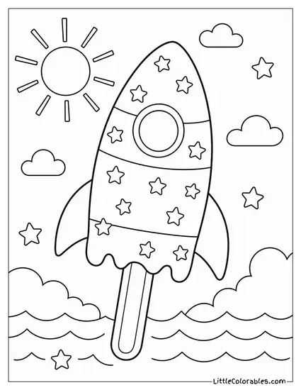 A Popsicle Shaped Like a Rocket Ship With Star Sprinkles Coloring Page