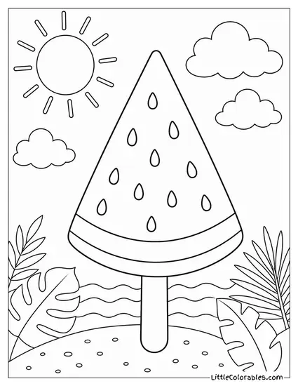 A Popsicle Shaped Like a Watermelon Slice With Seeds Coloring Page