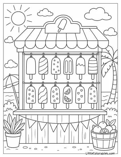 A Popsicle Stand With a Dozen Flavors Hanging on Display Hooks Coloring Page