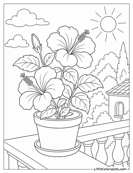 A Potted Hibiscus on a Sunlit Balcony Railing Coloring Page