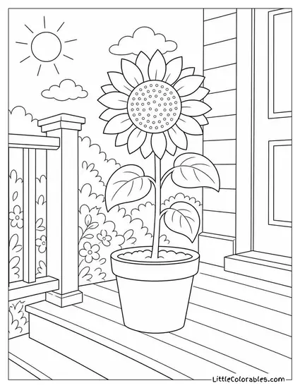 A Potted Sunflower on a Sunny Back Porch Step Coloring Page