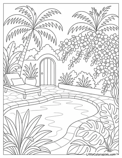 A Quiet Backyard Pool Flanked by Flowering Bougainvillea and Palms Coloring Page
