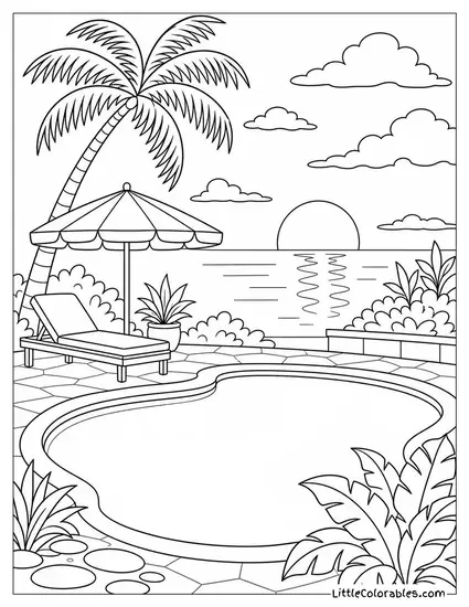 A Quiet Poolside at Dusk With Long Shadows on Still Water Coloring Page