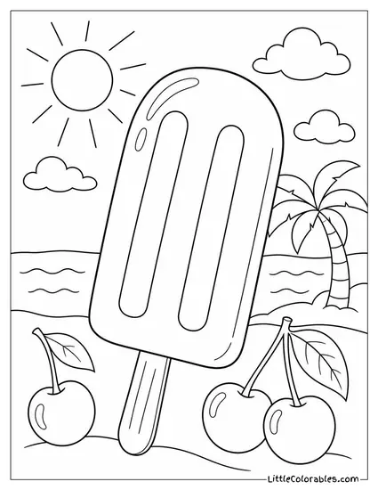 A Red Cherry Popsicle on a Stick With a Glossy Finish Coloring Page