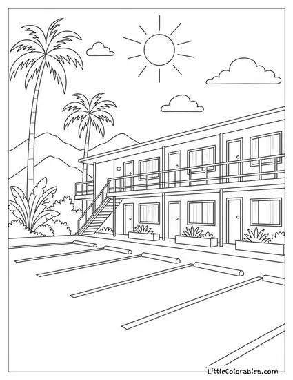 A Retro California Motel and Empty Parking Lot at Noon Coloring Page