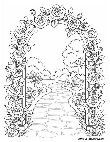 A Rose Arch Framing an Empty Garden Path Coloring Page