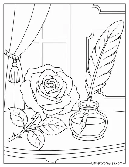 A Rose Bloom Beside a Small Inkwell and Quill Coloring Page