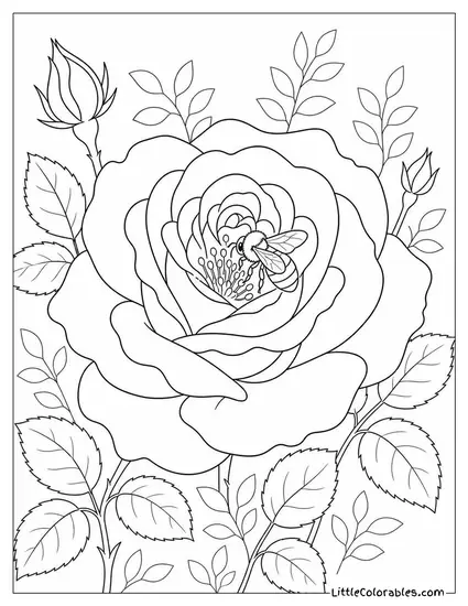 A Rose Bloom with a Single Bee on its Center Coloring Page