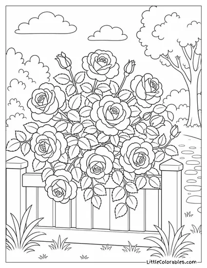 A Rose Bush Spilling Over a Low Garden Fence Coloring Page