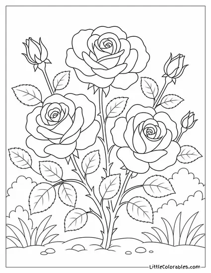 A Rose Bush with Three Open Blooms and Budding Stems Coloring Page