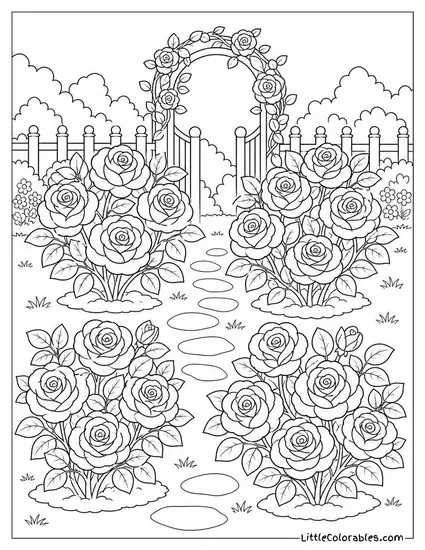A Rose Garden with Four Bushes in Full Bloom Coloring Page