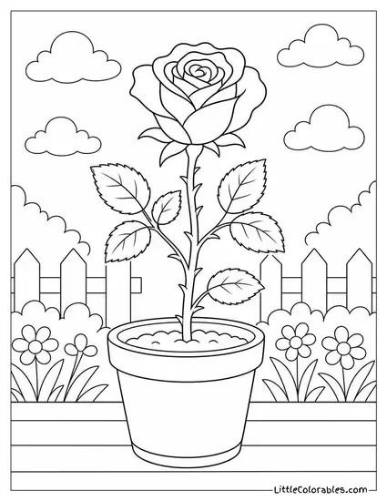 A Rose Stem in a Small Clay Pot with Soil Coloring Page