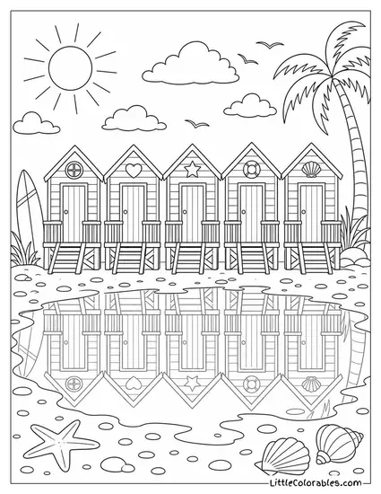 A Row of Colored Beach Huts Reflected in a Tidal Puddle Coloring Page