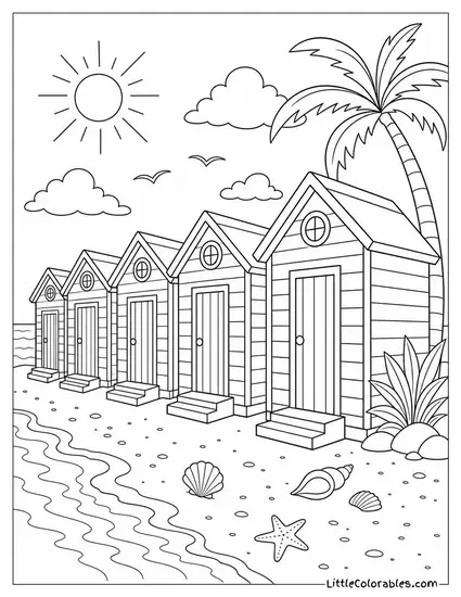 A Row of Colorful Beach Huts Along the Shoreline Coloring Page