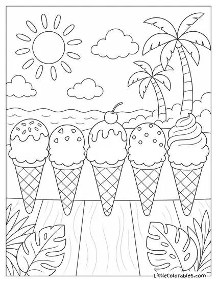 A Row of Five Different Ice Cream Flavors in a Cone Coloring Page