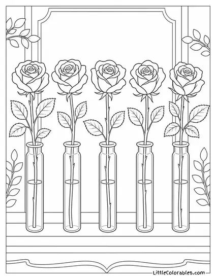 A Row of Five Roses in Individual Thin Glass Vials Coloring Page