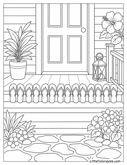 A Row of Flip Flops in Every Color Lined Up on a Porch Step Coloring Page
