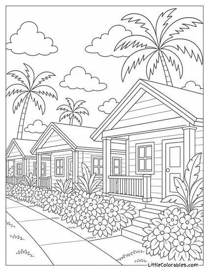 A Row of Pastel Bungalows With Palms and Flowering Hedges Coloring Page
