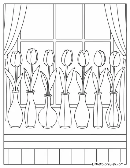 A Row of Seven Tulips in Individual Bud Vases Coloring Page