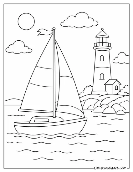 A Sailboat on Calm Water With a Lighthouse in the Distance Coloring Page