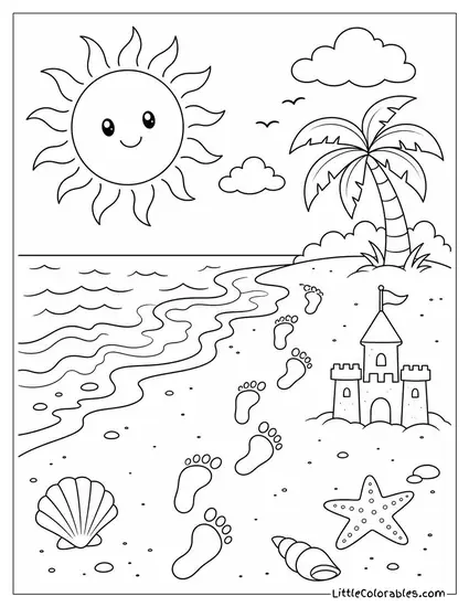 A Sand Drawing of a Sun Beside a Footprint Trail Coloring Page