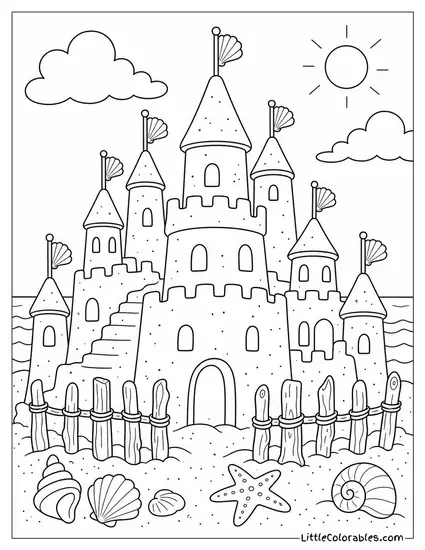 A Sandcastle City With Tiny Shell Flags and Driftwood Fences Coloring Page