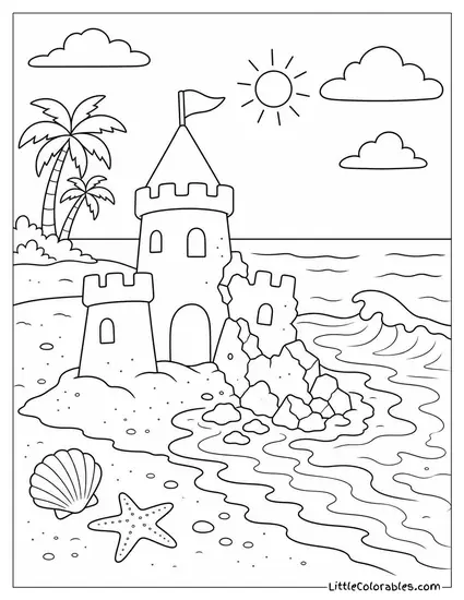 A Sandcastle Half Collapsed by the Incoming Tide Coloring Page
