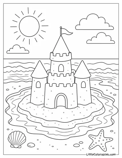 A Sandcastle With a Moat Filled by the Incoming Tide Coloring Page