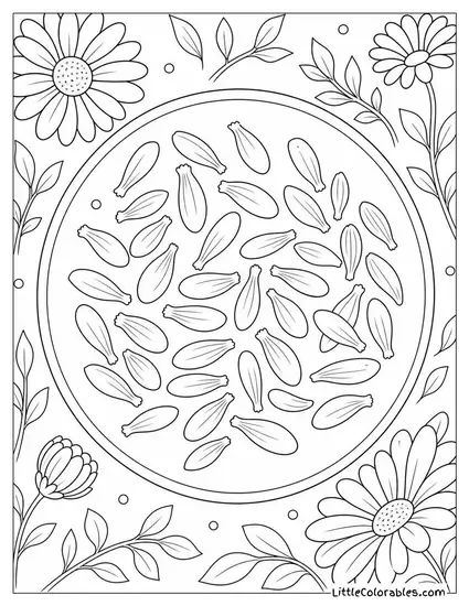 A Scattered Pile of Daisy Petals on a Round Plate Coloring Page