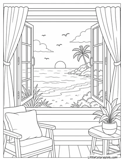 A Scenic View of the Ocean From a Beach House Window Coloring Page