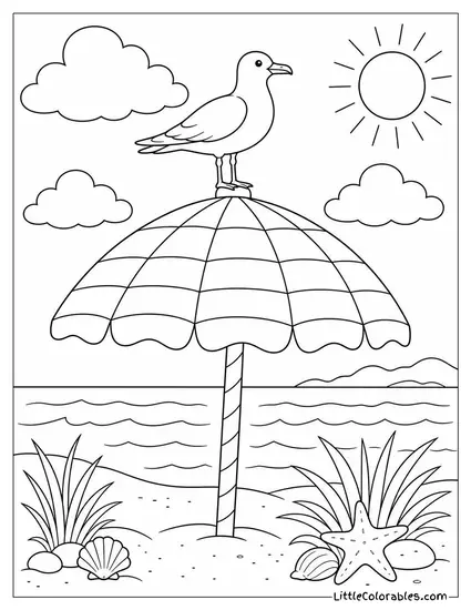 A Seagull Perched on a Striped Beach Umbrella Pole Coloring Page