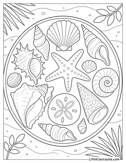 A Seashell Collection Arranged on a Round Flat Tray Coloring Page