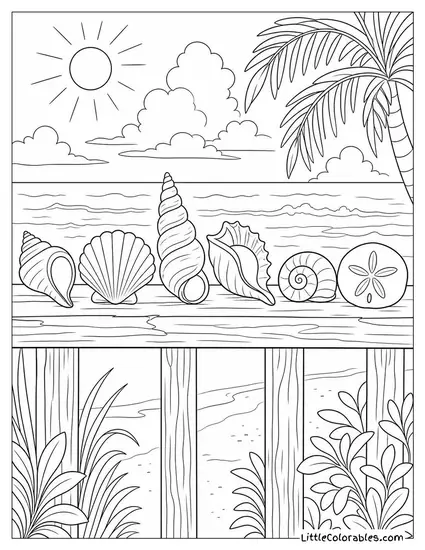 A Seashell Collection Lined Up on a Sun Bleached Wooden Railing Coloring Page