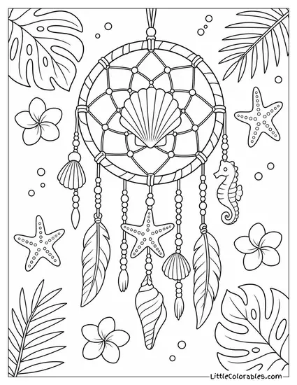 A Seashell Dreamcatcher With Tropical Charms and Starfish Coloring Page