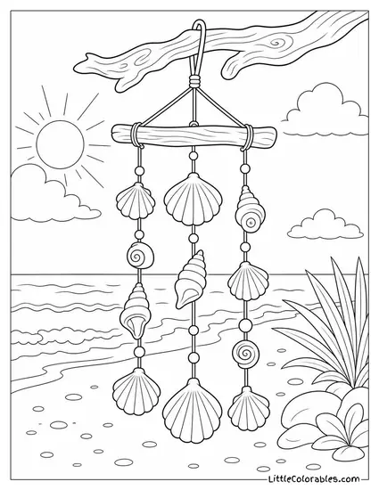 A Seashell Windchime Hanging From a Driftwood Branch Coloring Page